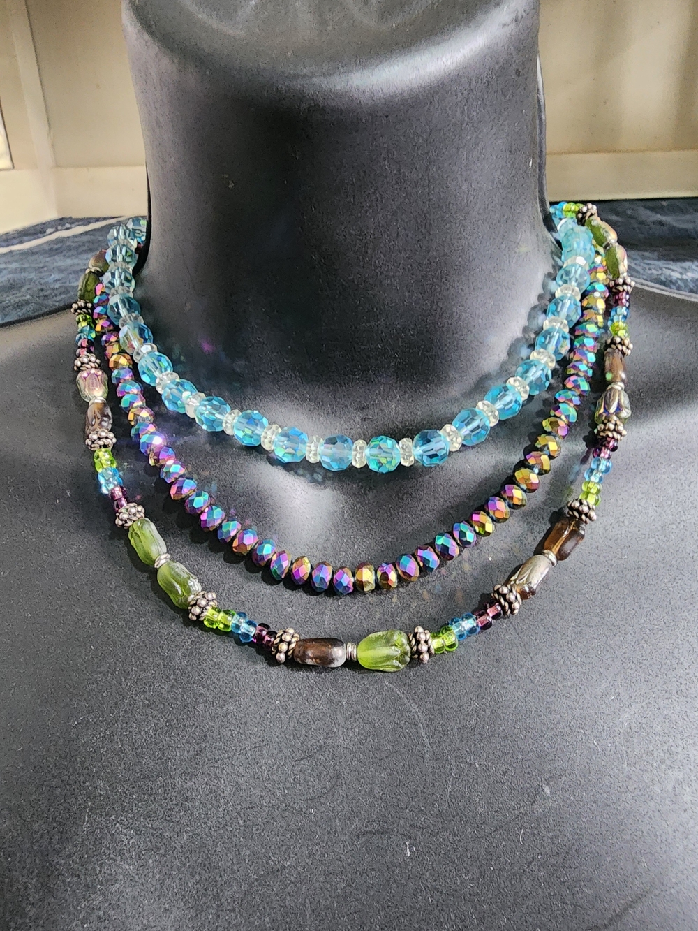 Aurora Borealis Lot Multi-Strand Crystal and Glass Bead Necklace - Blue & Green